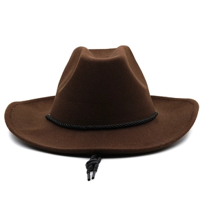Detail view of dark brown wool felt cowboy hat with woven band and adjustable chin strap