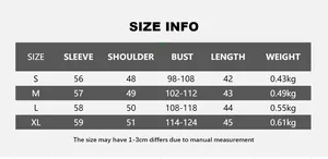 Detailed size chart for black faux leather jacket showing sleeve, bust, and length measurements