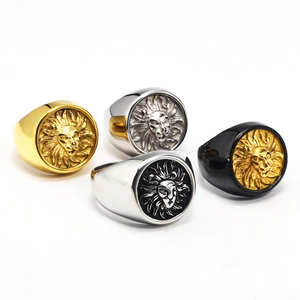 Vintage lion head embossed rings for men in gold and silver stainless steel set