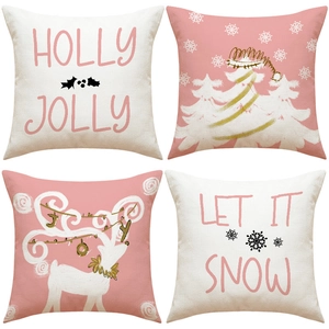Christmas Throw Pillow Covers Pink Linen Reindeer Snowflake Pattern Holiday Home Decor Sofa Cushion Case Nordic Style