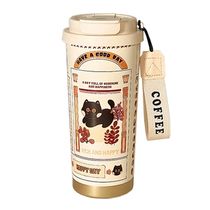 Cream cat coffee tumbler with straw and portable strap 316 stainless steel cup