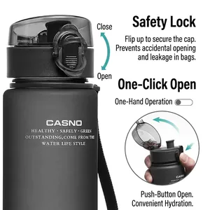 Frosted black sports water bottle with leakproof lid and one-click open design
