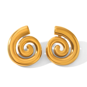 Detailed view of 18K gold plated stainless steel spiral stud earrings on a white background