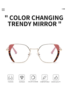 Detail of square gold metal frame glasses with pink accents and tortoiseshell temples