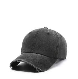 Detail of distressed brim and Fragrance embroidery on washed cotton baseball cap