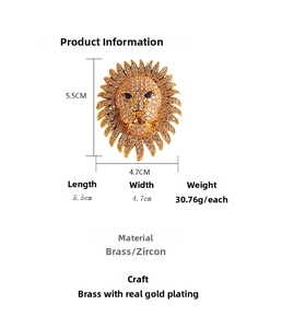 Detailed size view of luxury lion head brooch with cubic zirconia and blue gemstone eyes