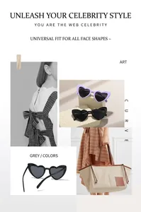 Detail view of heart-shaped sunglasses in purple and black with trendy oversized frames