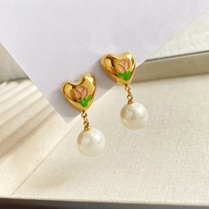 Boucles D Oreilles Pendantes Cœur Künstliche Perle Acier Inoxydable Rétro Français Tulipe Émail Fleur Bijoux Élégants Pour Femmes