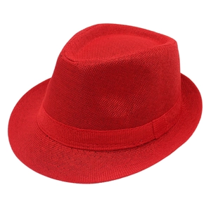 Classic bright red trilby jazz hat with woven texture and matching ribbon for dance and beach