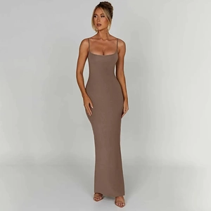 Detailed back view of a slim fit brown backless maxi dress with thin shoulder straps