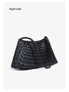 Side view of black hand-woven leather tote bag featuring classic wide weave texture