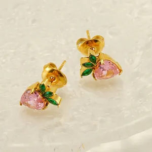 Strawberry Stud Earrings Stainless Steel With 18K Gold Plated Pink Heart Zircon Green Leaf Cute Fruit Jewelry For Women