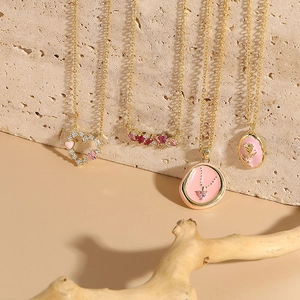 Bohemian 14K gold plated necklaces with pink heart, zircon and rose enamel pendants
