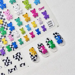 3D Embossed Nail Stickers Cute Cartoon Bear Self Adhesive Decals Manicure DIY Decoration Multi-color Fashion