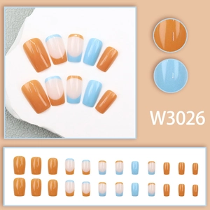Detail of 24pcs square-round press-on nails in orange, blue, and French tips style