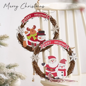 Christmas Wreath Rattan Wood Hanging Decoration With Santa Snowman Reindeer Merry Christmas Banner Plaid Bow For Door