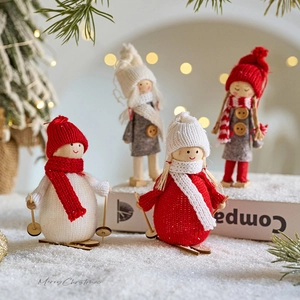 Christmas wooden knit dolls featuring Santa and Snowman designs for festive tabletop decor
