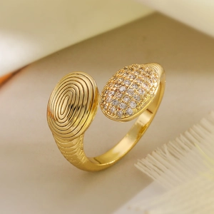 Macro detail of gold-plated ring with concentric grooves and pave-set zircons