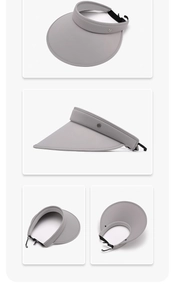 Detailed four-way views of a foldable grey sun hat with adjustable strap and wide brim