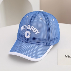 Detail view of breathable sky blue mesh baseball cap with white HI!-BABY C letter embroidery