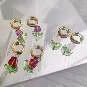 18K gold plated stainless steel earrings with three colorful tulip flower charms