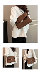 Three-angle view of brown pleated shoulder bag worn by model in a minimalist room