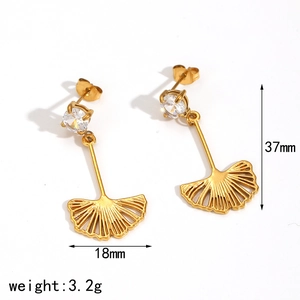 Golden ginkgo leaf dangle earrings with sparkling zircon studs and engraved texture