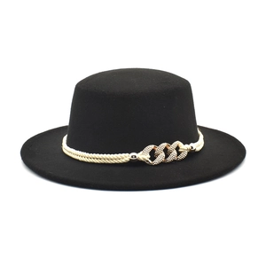 Women Flat Top Boater Hat Woolen Felt Elegant Vintage Jazz Fedora With Braided Rope And Rhinestone Metal Chain Accessory
