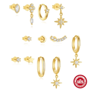 925 Sterling Silver Celestial Earring Set For Women Gold Plated Zirconia Star Moon Stud Hoop Earrings Fashion Jewelry Gift