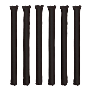 Detailed view of six black satin heatless hair curlers neatly arranged on white background