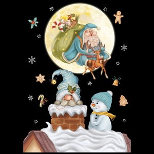Christmas Santa and snowman bathroom decals with reindeer and moon on black background