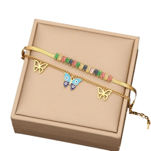 Double-layered gold butterfly necklace with colorful zircon stones and devil eye pendant