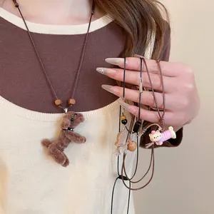 Cute teddy dog and striped cat plush pendant necklace with wooden beads for women