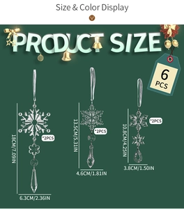 Detailed size chart for 6PCS clear acrylic Christmas snowflake ornaments in three designs