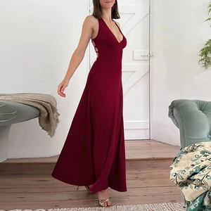 Deep red backless halter neck maxi dress with side hollow out and lace-up details