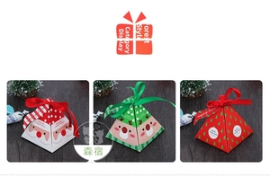 Three-style pyramid Christmas gift boxes with Santa, reindeer, and tree prints and ribbons