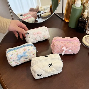 Mini Quilted Cotton Makeup Bag Floral Print Ribbon Bow Zipper Pouch Portable Cosmetic Storage For Lipstick Earphones