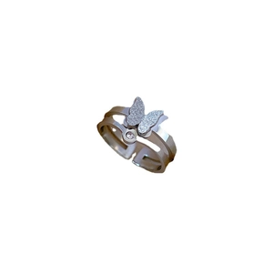 Minimalist silver butterfly titanium steel open ring with sparkling wing and small zircon