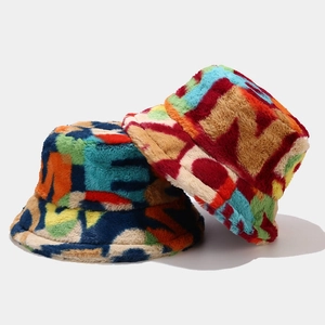 Women Colorful Patchwork Bucket Hat Faux Fur Plush Warm Winter Basin Hat Abstract Letter Print Streetwear Style