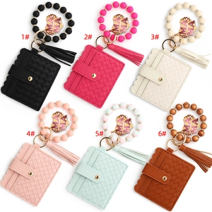 Woven PU Leather Card Holder Wristlet Keychain With Silicone Bead Bracelet Tassel Leopard MAMA Charm