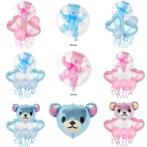 Detailed grid of 24-inch bear foil balloons in pink and blue for baby shower decoration