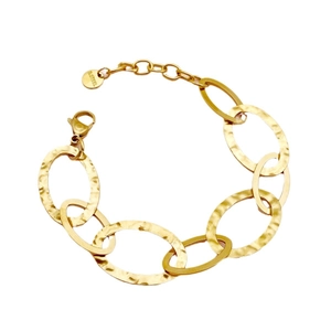 Gold-plated stainless steel chain bracelet with hammered oval links on a white background