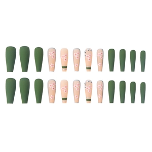Matte dark green and cherry blossom press-on nails with rhinestones in ballerina shape