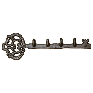 Vintage key-shaped cast iron wall hook with four curved hangers for home decor