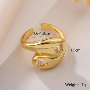 Detail showing dimensions of gold-plated heart zircon open ring with weight parameters