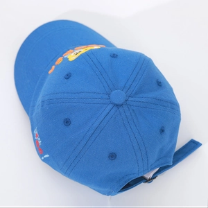 Detailed top view of a bright blue children's baseball cap with cartoon bear embroidery