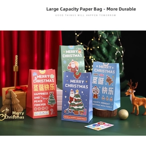 Detailed view of colorful Christmas gift paper bags with festive cartoon illustrations