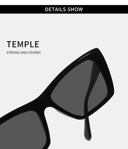Detail of strong hinges and sturdy black cat-eye frame connection on wide sunglasses