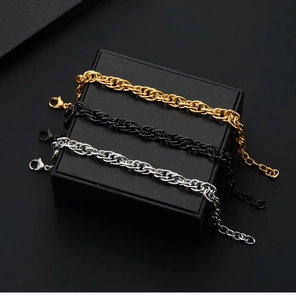 Three-tone punk Cuban chain bracelets in gold, black and silver with lobster clasp and box