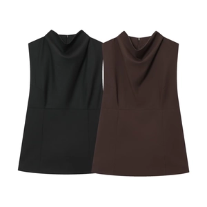 Women Sleeveless Tank Top High Mock Neck Pleated Draped Elegant Polyester Solid Color Back Zipper Slim Fit